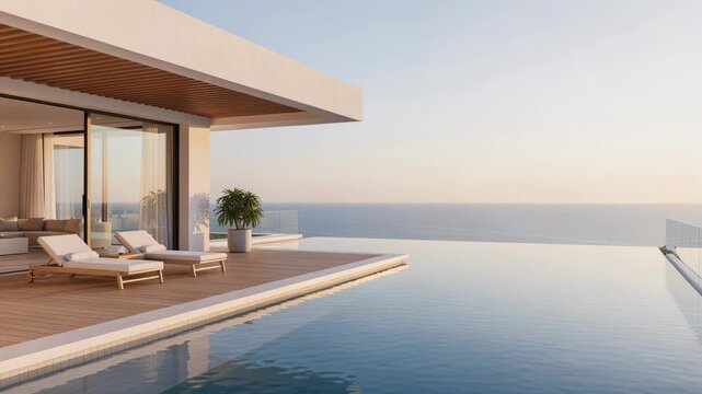 Serene oceanfront villa at sunset with infinity pool reflecting soft natural light
