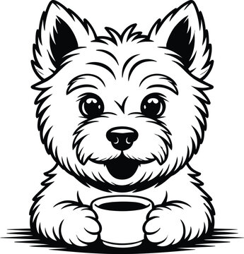 Black and white of a west highland white terrier holding a cup westie cartoon