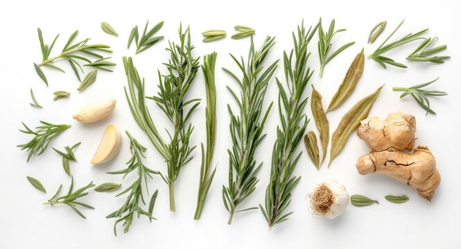 Top down arrangement of dry ginger garlic rosemary and laurel leaves on white background with copy space