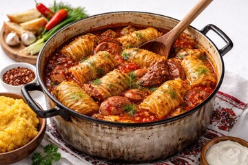 Fototapeta premium Traditional Romanian dish cooking in a pot on a white backdrop