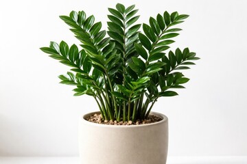 Fototapeta premium Close up of a Zanzibar gem plant in a beige planter on a white backdrop