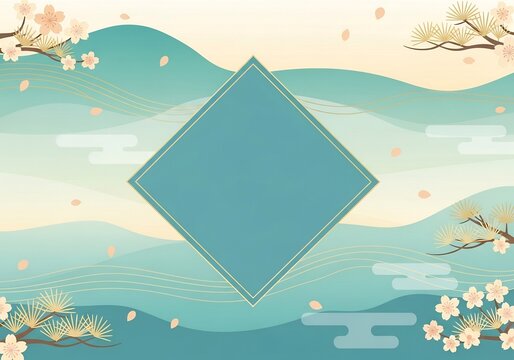 静かな背景に浮かぶ菱形、水彩風の優しい風景と花
