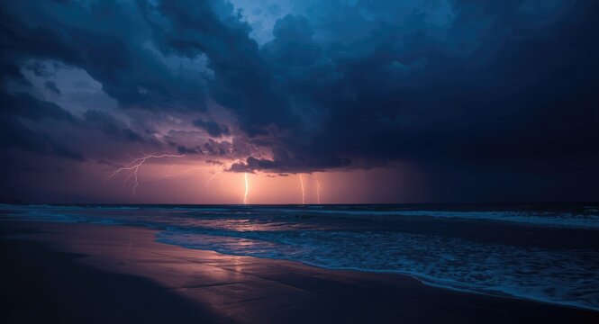 Stormy weather highlighted by lightning over beach