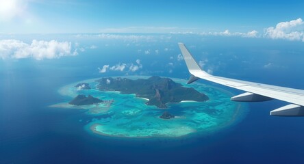 Naklejka premium Top perspective of ocean islands from airplane including wing for vacation background