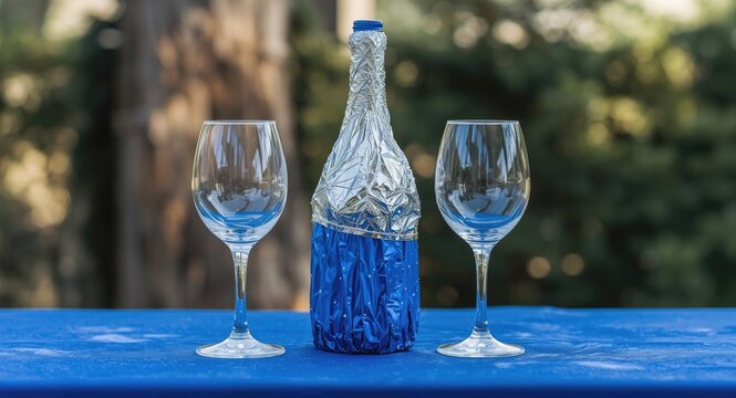 Traditional outdoor Jewish hupa ceremony with two glasses and foil wrapped wine bottle in blue and white