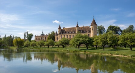 Fototapeta premium Historic stronghold adjacent to sprawling fruit orchard near placid pond