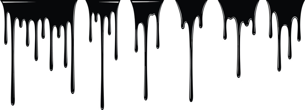 Black Dripping Liquid Paint Vector Border Set Featuring Ink Splatter Slime and Oil Drop Effect for Edgy Creative Graphic Design