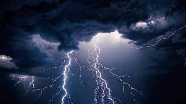 Dramatic storm with intense lightning bolts tearing through dark swirling clouds at night