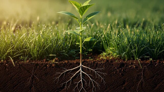 Young plant growing with roots spreading underground drawing moisture from dew in natural environment