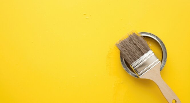 Yellow textured background with paintbrush and can top view for home renovation with copy space