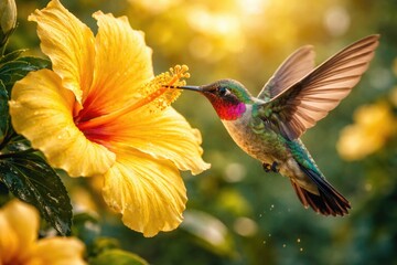 Obraz premium A joyful hummingbird sipping nectar from a bright yellow blossom enhanced by AI design