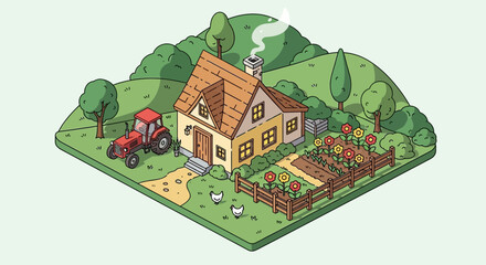 Fototapeta premium Isometric illustration of a farmhouse with tractor garden and chickens