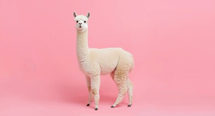 Fototapeta premium Funny white alpaca standing playfully on a soft pink backdrop
