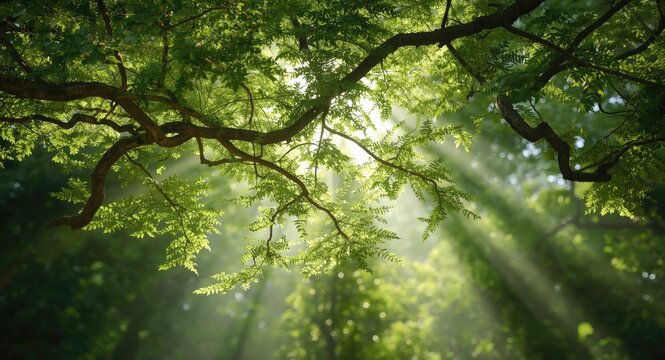 Sunlight streaming through lush green tree limbs seen from underneath