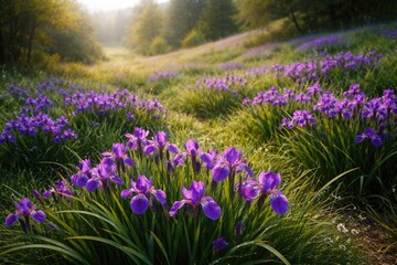 Obraz premium Vibrant violet iris flowers blooming as groundcover in lush grassy natural landscape