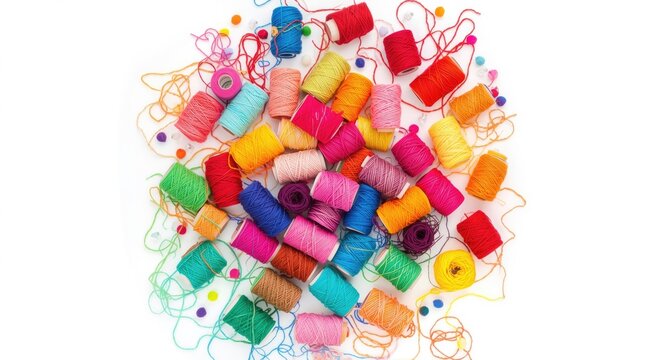 Varied bright thread and twine isolated on pure white surface from top angle