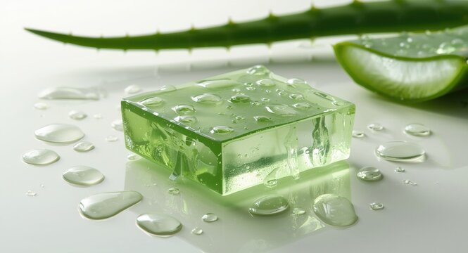 Close up of aloe vera gel block with water droplets on a smooth surface with scattered aloe leaves in natural light copy space