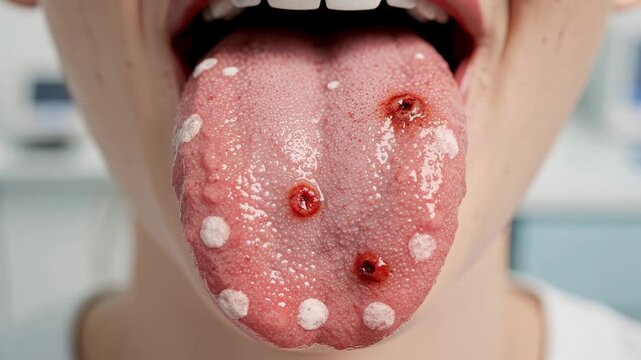 Close up of a tongue with white patches and red ulcer sores showing oral health symptoms