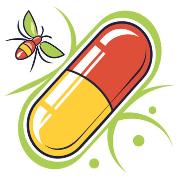Red and yellow capsule with flying bee and green decorative swirls, symbolizing natural medicine, apitherapy, or bee-related health product concept.
