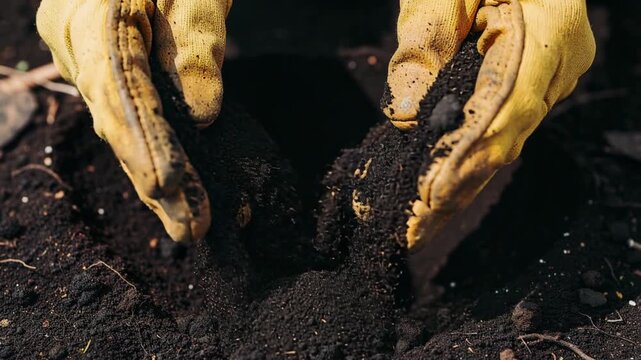 Close up of hands in yellow gloves sifting rich dark soil in garden for healthy plant growth