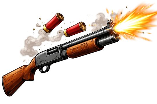 Cartoon style shotgun with wooden stock firing shells for hunting and combat
