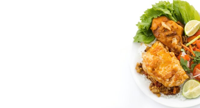 Thai shrimp paste rice Khao Kluk Kapi with golden omelette slices and vegetable assortment on plain white background