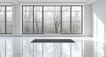 Fototapeta premium Large window filled gym with black yoga mat on glossy white floor and ample copy space