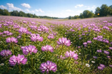 Fototapeta premium A vibrant summer field with purple Astragalus Sinicus flowers and blooming milk vetch under a clear sky