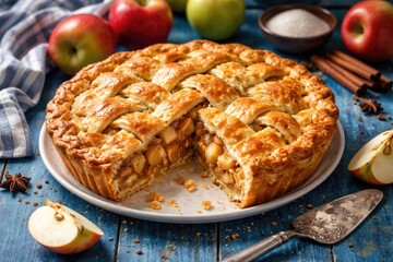 Golden crust apple pie centered on vibrant blue wooden table with juicy filling