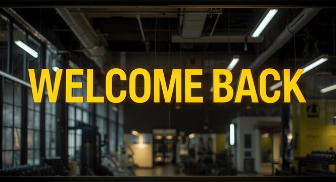 Yellow welcome back sign in industrial style displayed for gym reopening