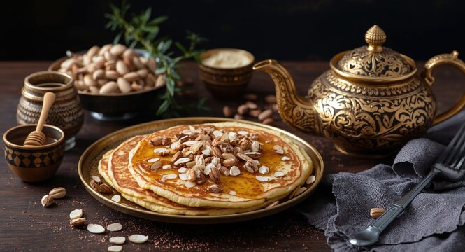 Sweet honey and almond topped msemen pancakes with a beautifully crafted Arabic teapot