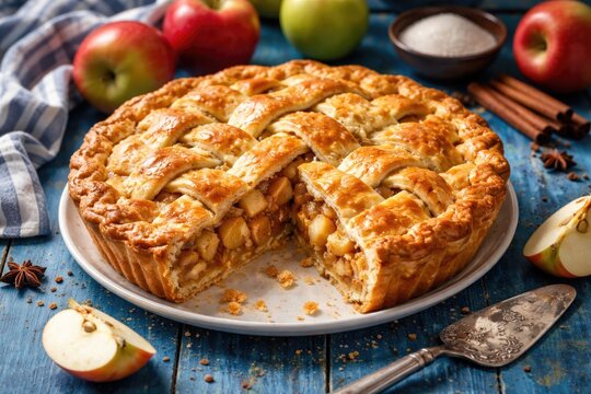 Golden crust apple pie centered on vibrant blue wooden table with juicy filling