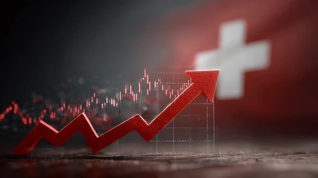 Red arrow pointing up finance graph with Swiss flag waving motion background economic growth and positive investment trend abstract concept.