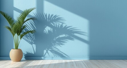Fototapeta premium Stage design mockup showing palm shadow on blue plaster wall in boho luxury summer setting