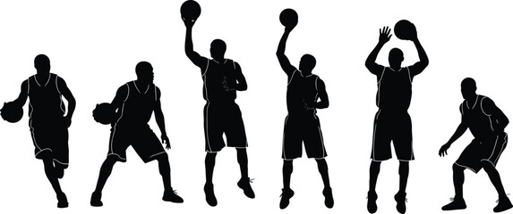 Black silhouette of professional basketball players in various action poses like dribbling, jumping, and shooting, isolated on white background. © Mdjoshel 