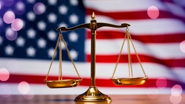 Golden balance scale tipping against softly blurred American flag background for justice and law concepts
