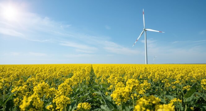 Expansive rapeseed field and wind turbine in sunlight summer energy scene with focused foreground and copy space