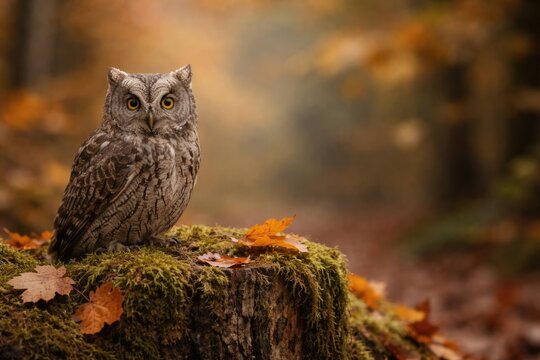 Eurasian Scops Owl Resting on Mossy Stump Surrounded by Autumn Leaves
