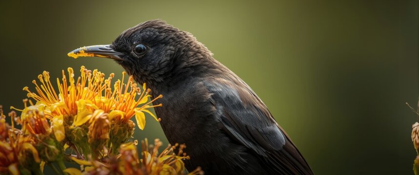 Wild tui bird collecting nectar from harakeke flowers with pollen on beak