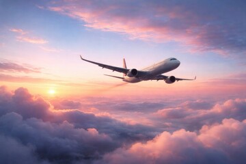Obraz premium An airplane glides across a soft pastel sky at dawn