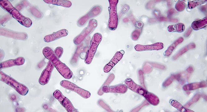 Rod shaped bacteria visualized under gram stain microscopy showing detailed microbial structure