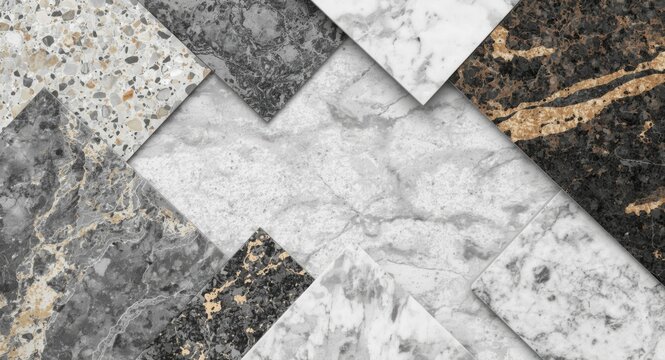Kitchen counter material samples including granite marble and quartz stone arranged with copy space for text