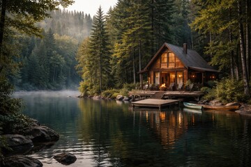 Fototapeta premium Peaceful lakeside retreat surrounded by dense forest greenery