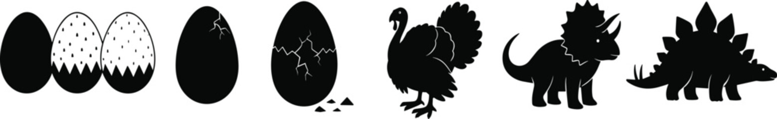 Black Silhouette Vector Set Featuring Dinosaur Triceratops, Stegosaurus, Farm Turkey, and Hatching Bird Eggs for Nature Education, Logo, and Branding © Mdjoshel 