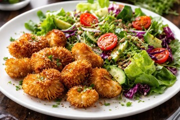 Fototapeta premium Crispy Lion's Mane Mushrooms Served with Fresh Salad on White Plate