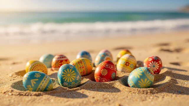 Colorful Easter eggs with floral patterns resting gently in warm sand on a sunny spring beach