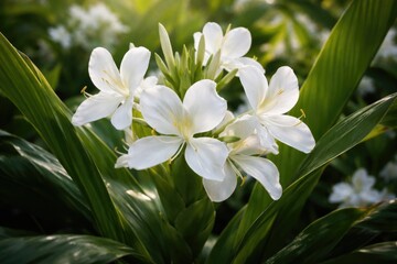 Fototapeta premium White flowering gingerlily with butterfly shaped petals and fragrant scent among lush green foliage