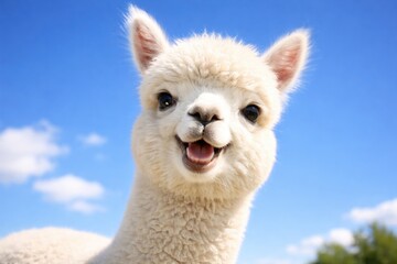 Fototapeta premium Happy white alpaca smiling brightly with a clear blue sky background