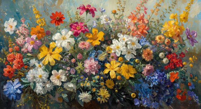 Vibrant oil painting depicting a mix of bright spring flowers in a dynamic flower bed layout