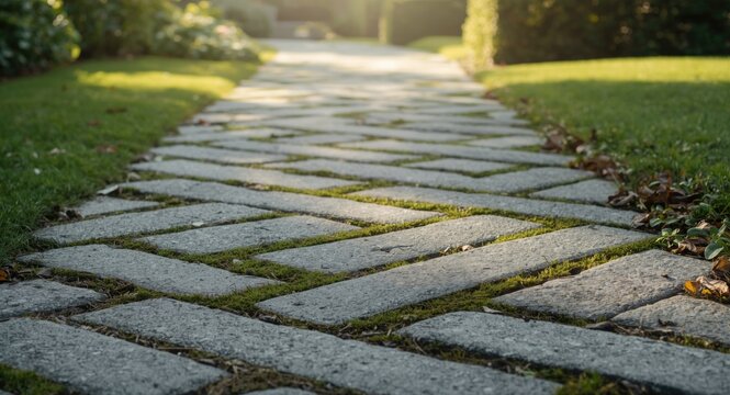 Walkway background showing mossy rough texture on gray paving stones in zigzag pattern